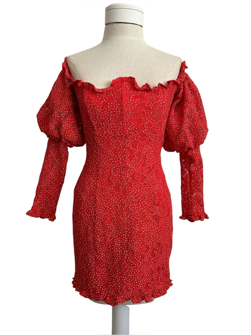 For Love And Lemons Clarisse Red & White Polkadot Mini Dress Off Shoulder XS